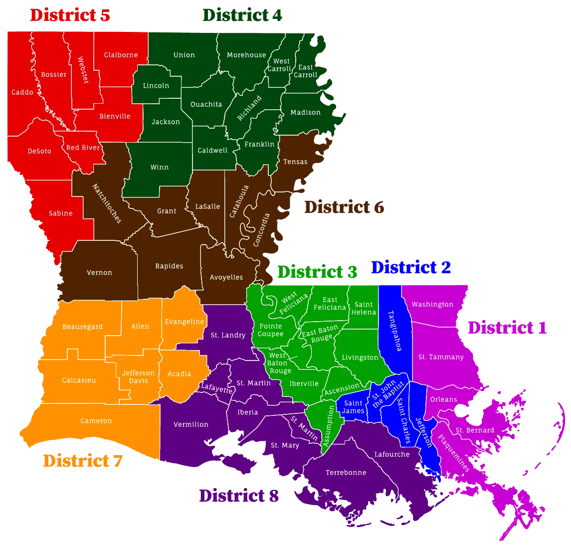 State map of Louisiana showing county districts